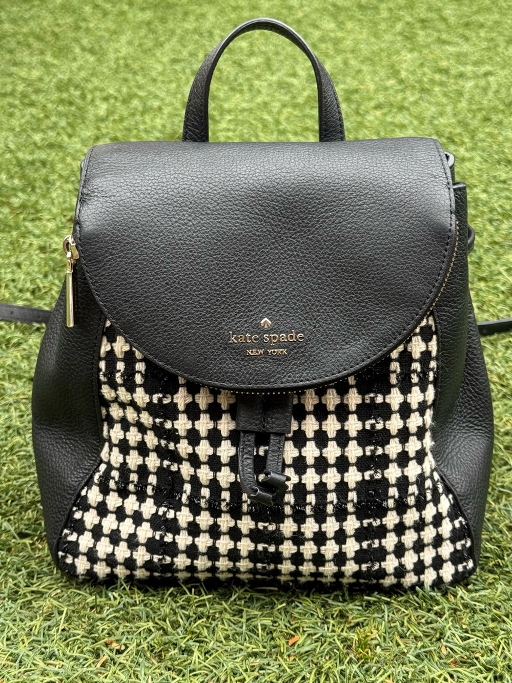 kate spade Black and Cream Tweed Backpack with Leather Trim